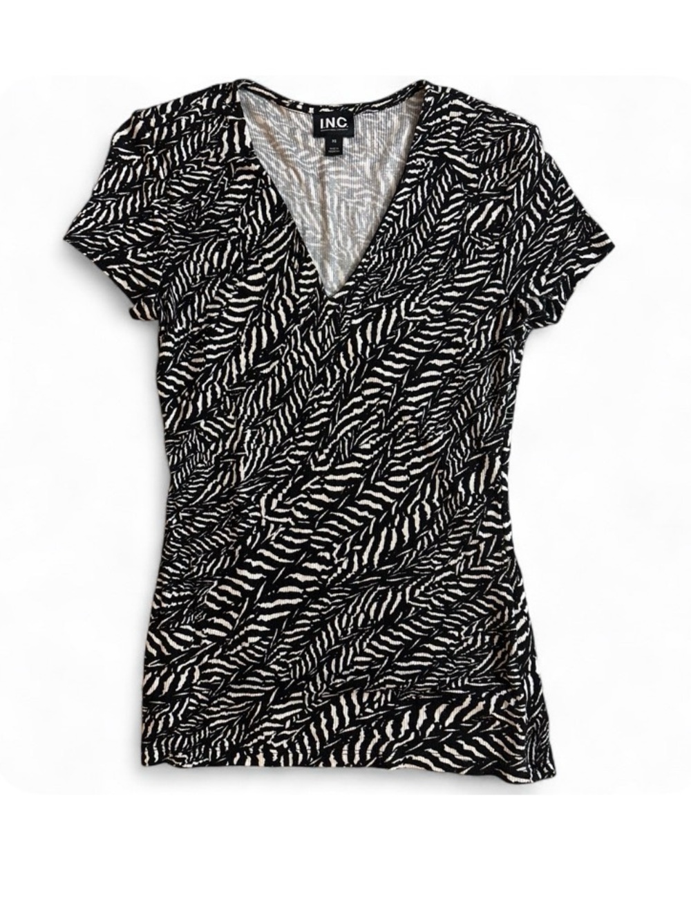INC International Concepts Black and White Zebra-Print Wrap V-Neck Top